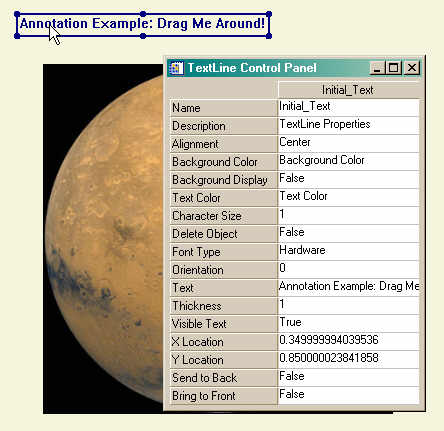 The control panel for a TextLine object.
