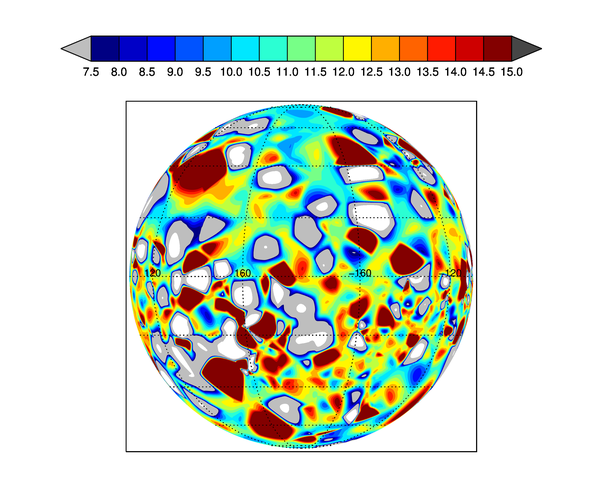 The Triangulate/Trigrid method of gridding to the sphere surface on an orthographic map projection.