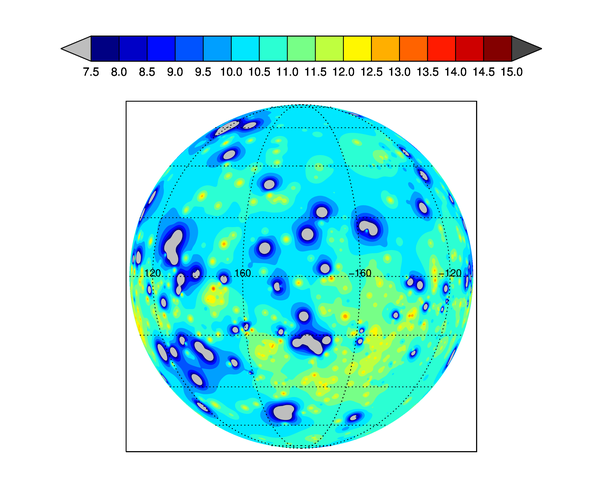 The Inverse Distance method of gridding to the sphere surface with GridData on an orthographic map projection.