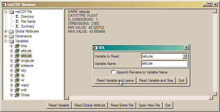 The netCDF Browser Window interface.