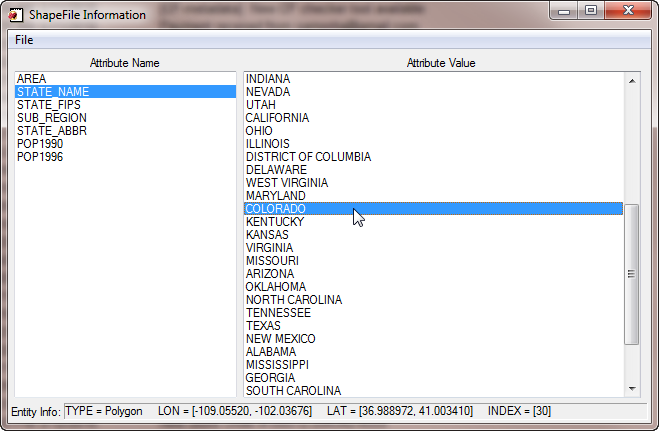 The cgShapeInfo program with the states.shp file shipped with IDL.
