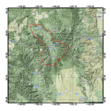 The Summit County shape drawn
as an outline on a Google map.