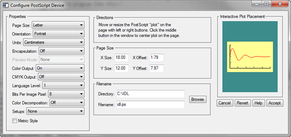 The Postscript configuration dialog after centering the plot window.